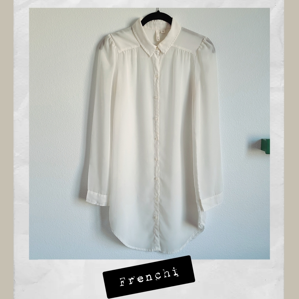 Frenchi sheer button-up, long sleeve tunic, Small, Cream/Ecru/White